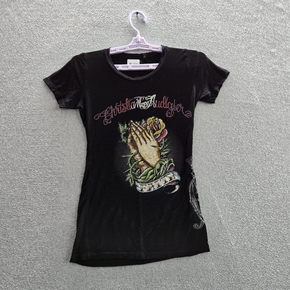 Christian Audigier Women Shirt XS Black Bamboo Graphic Beaded Crew Neck Pullover